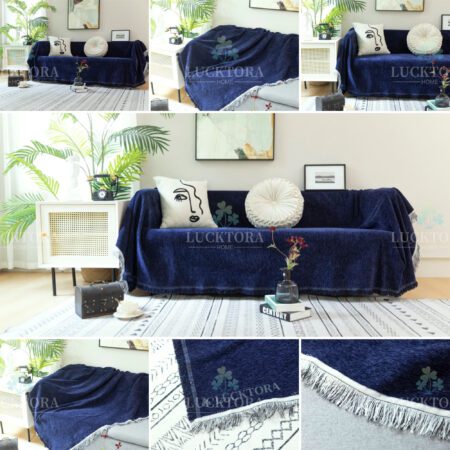 Ριχτάρι Chenille Με Κρόσια-180Χ320CM-Μπλέ