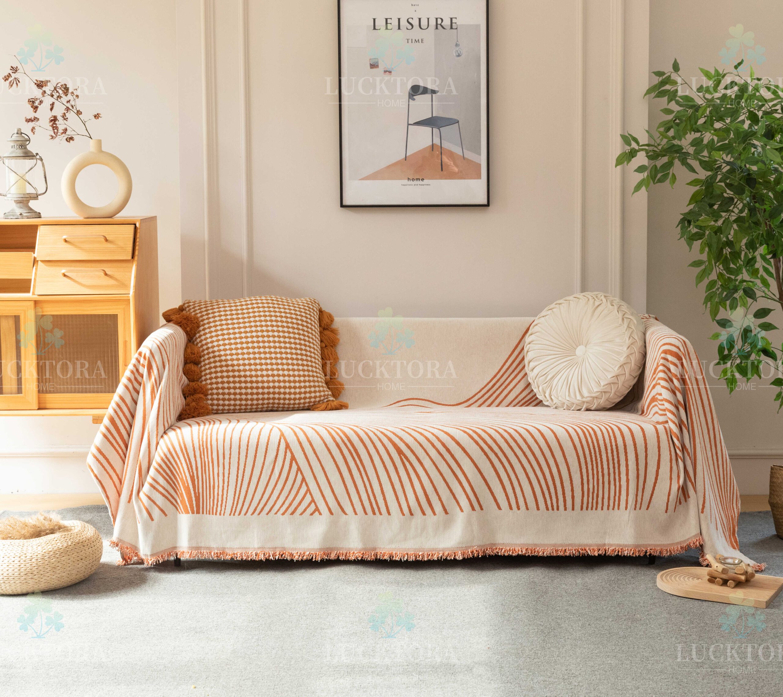 Ριχτάρι Πορτοκαλί-Εκρού Chenille Με Κρόσια-180X180CM C3-3