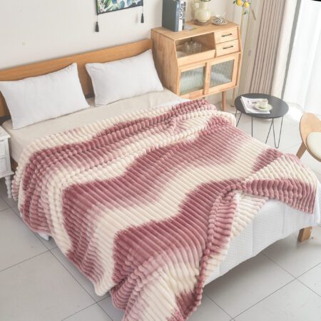 Κουβέρτα Fleece Ημίδιπλη 160x220cm Δίχρωμη Ριγέ Εκρού - Ροζ